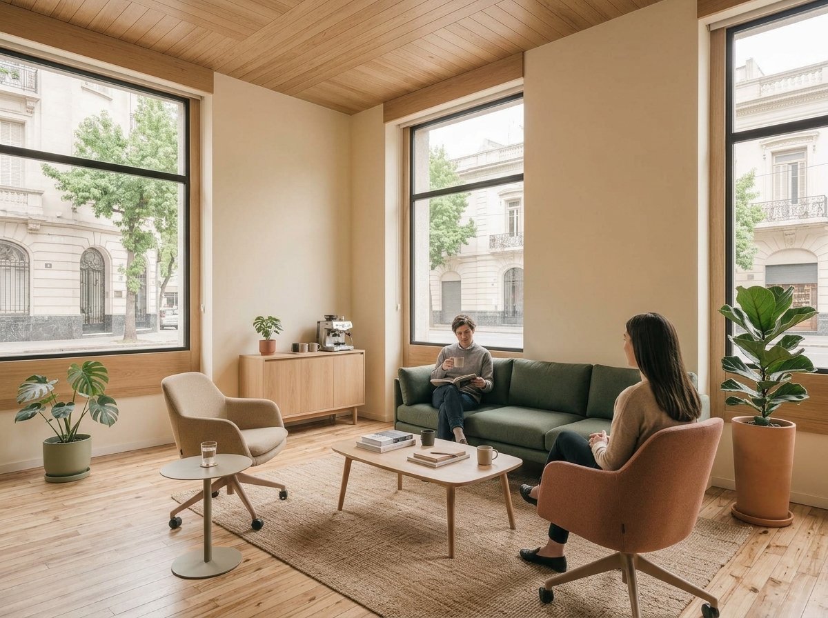 Lounge de coworking con sillones y luz natural