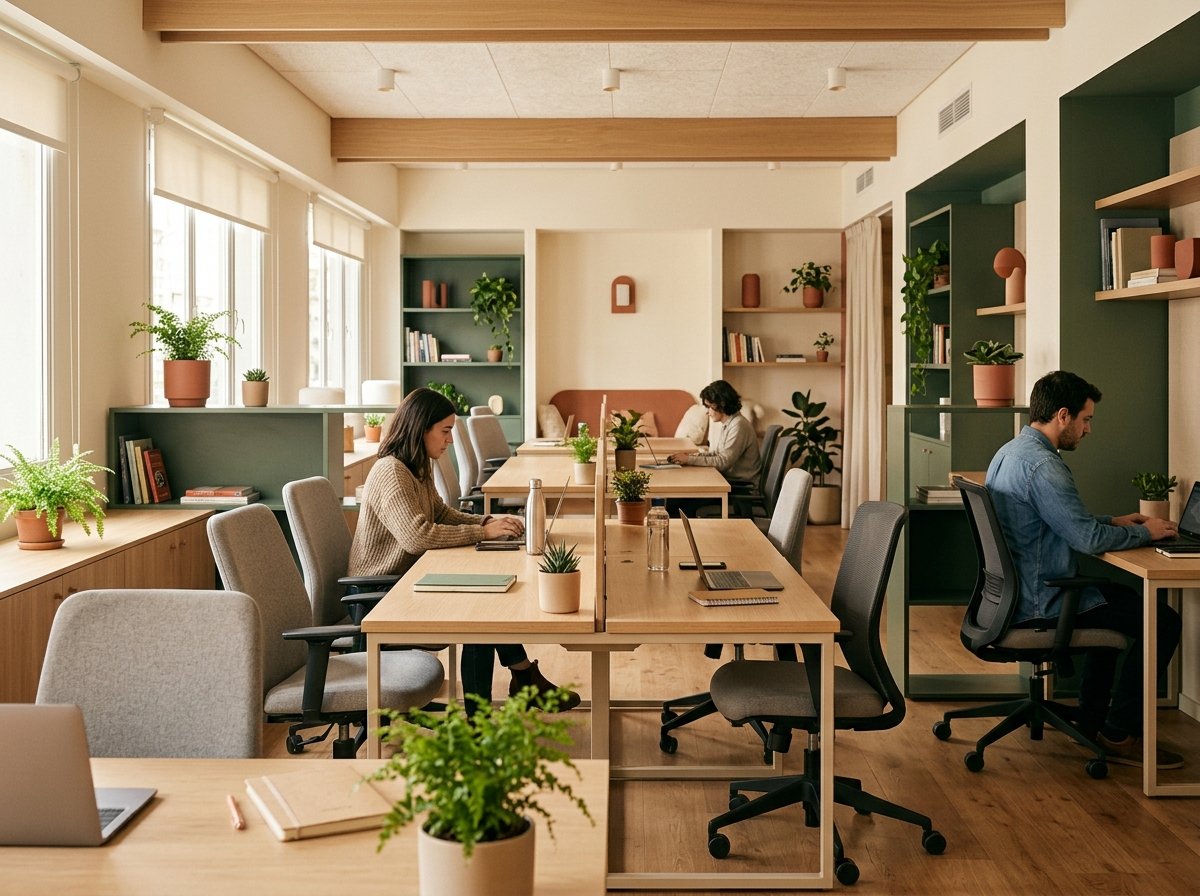 Open desk con mesas de madera y personas trabajando