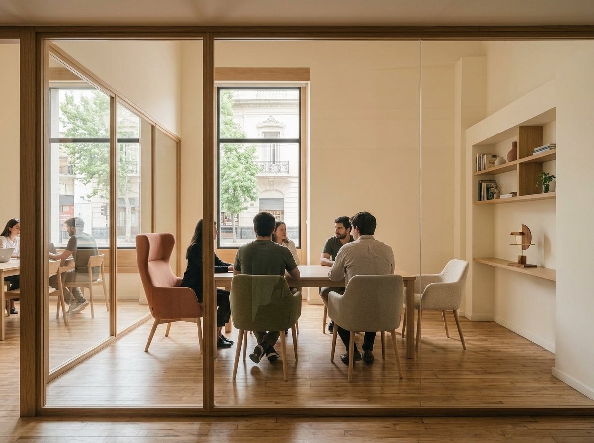 Sala de reuniones luminosa con mesa y sillas